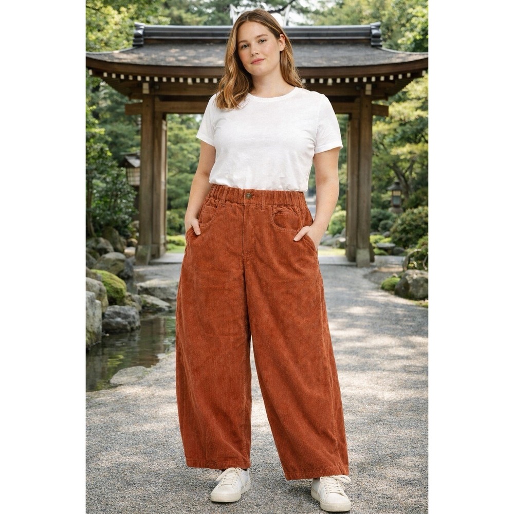 NWT SeekMe Corduroy Balloon‎ Pants Rust Brown XS Elastic Waist Lagenlook